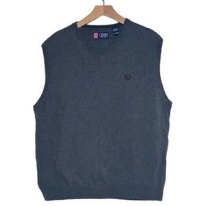 Chaps Sweater Vest XL Gray V-Neck 100% Cotton Logo Sleeveless Pullover